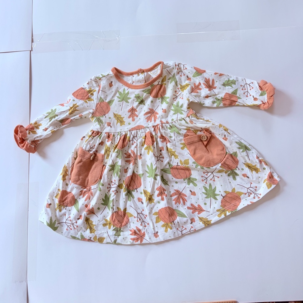 Tesa Babe Girls Peach Pumpkin Leaf Print Long Sleeve Dress 6-9M